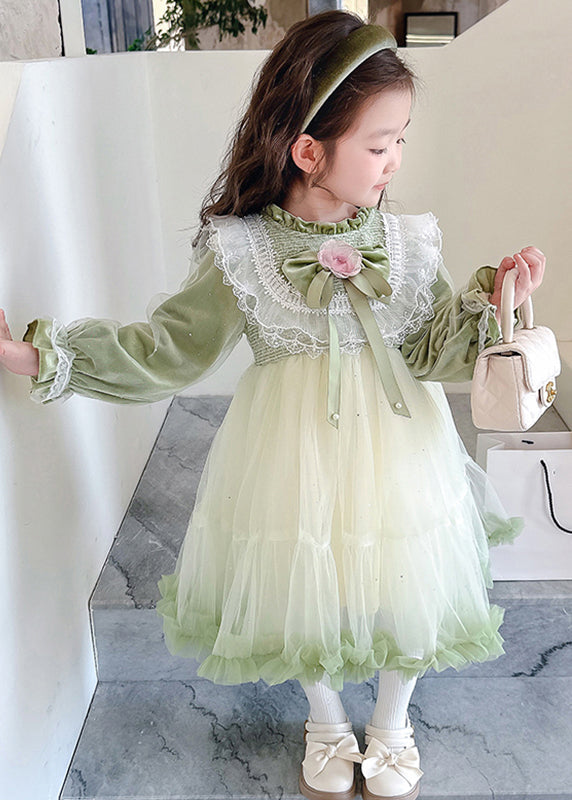 Boutique Silk Velour Patchwork Green Stand Collar Ruffled Tulle Maxi Dress Flare Sleeve Tg007