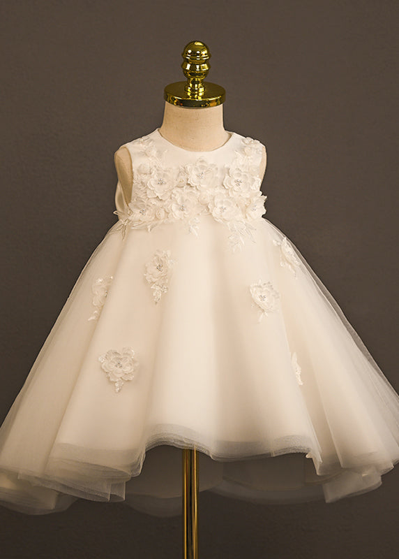 Boutique White O-neck Patchwork Tulle Long Dress Sleeveless Yg006