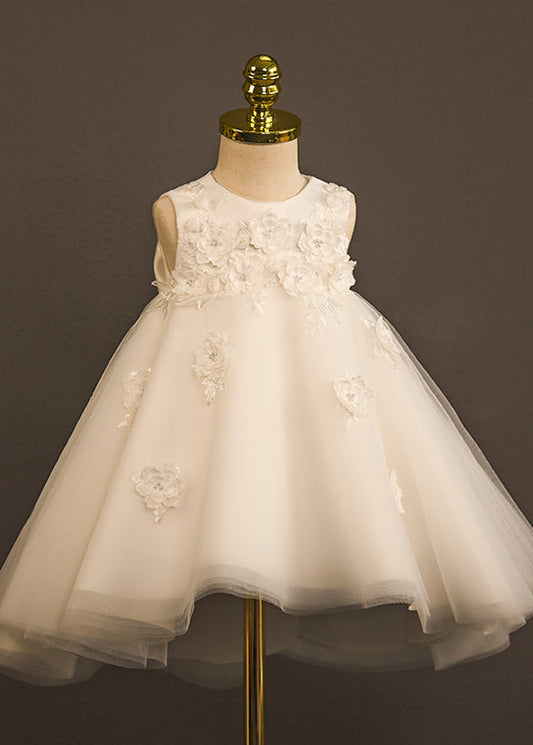 Boutique White O-neck Patchwork Tulle Long Dress Sleeveless Yg006