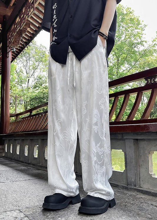 Boutique White Pockets Oriental Print Ice Silk Pants Summer Yt051