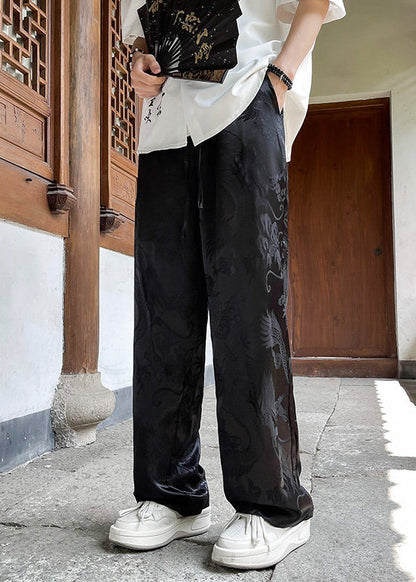 Boutique White Pockets Oriental Print Ice Silk Pants Summer Yt051