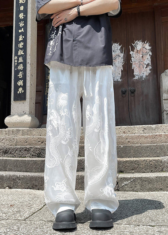 Boutique White Pockets Oriental Print Ice Silk Pants Summer Yt051