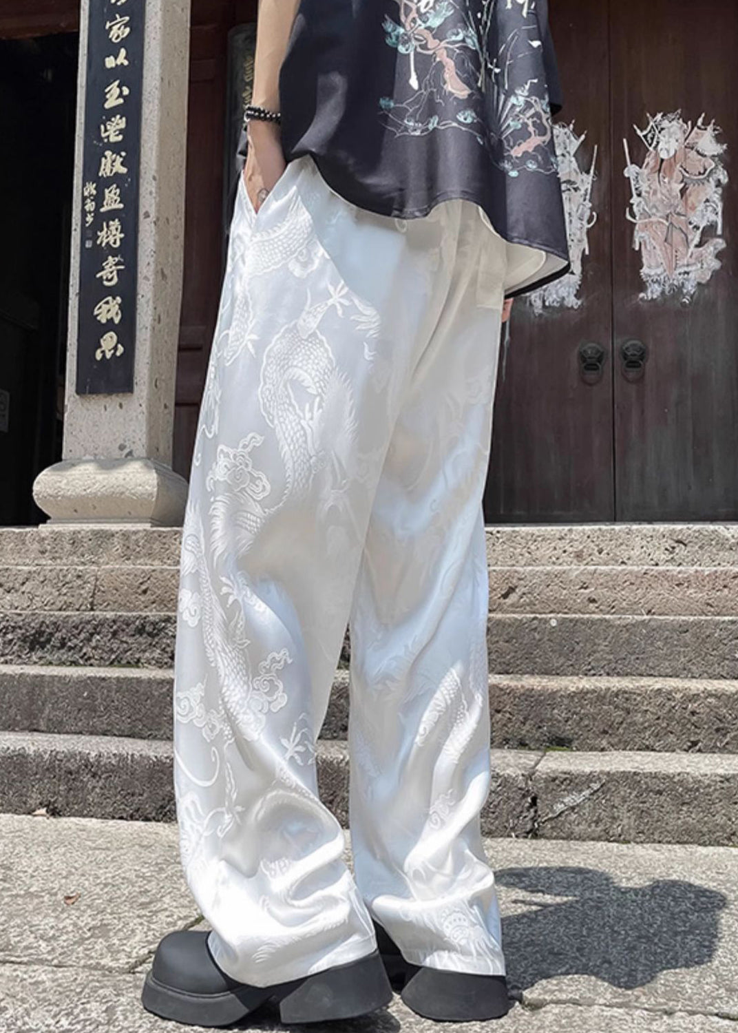 Boutique White Pockets Oriental Print Ice Silk Pants Summer Yt051