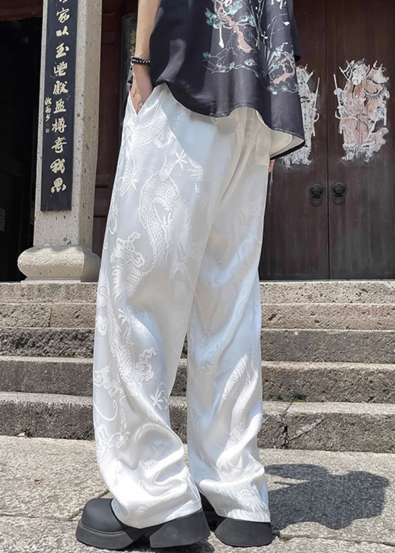 Boutique White Pockets Oriental Print Ice Silk Pants Summer Yt051