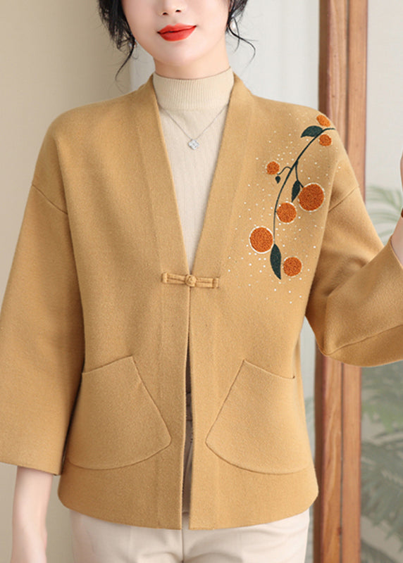Boutique Yellow Patchwork Cotton Knit Cardigans Bracelet Sleeve Ta024