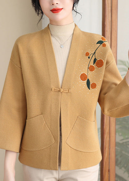 Boutique Yellow Patchwork Cotton Knit Cardigans Bracelet Sleeve Ta024
