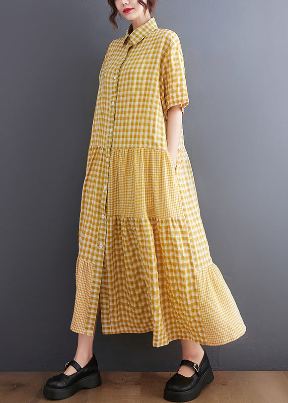 Boutique Yellow Peter Pan Collar Plaid Maxi Dresses Ac2074
