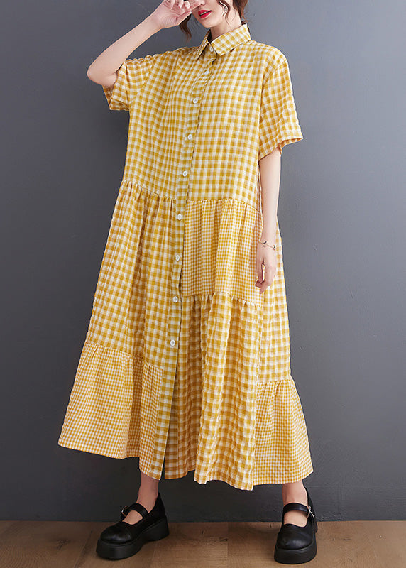 Boutique Yellow Peter Pan Collar Plaid Maxi Dresses Ac2074