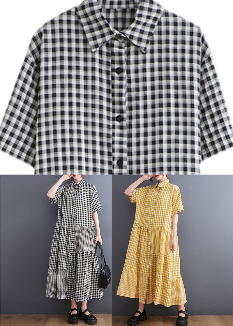 Black Patchwork Button Vacation Long Dresses Short Sleeve Ly0641