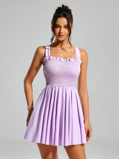 Bow Tie Back Embellished Trim Ruched Dress