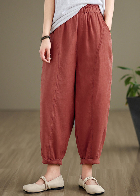 Brick Red Pockets Cotton Pants Elastic Waist Fall Qo052