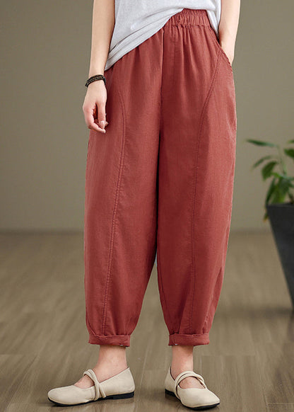 Brick Red Pockets Cotton Pants Elastic Waist Fall Qo052