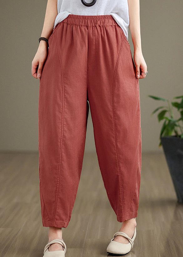 Brick Red Pockets Cotton Pants Elastic Waist Fall Qo052