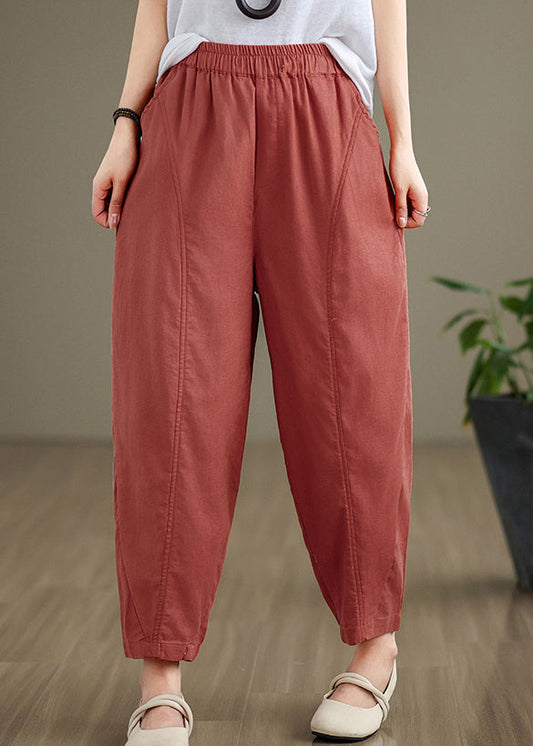Brick Red Pockets Cotton Pants Elastic Waist Fall Qo052