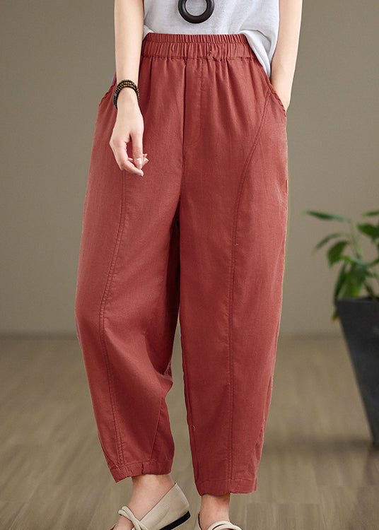 Brick Red Pockets Cotton Pants Elastic Waist Fall Qo052