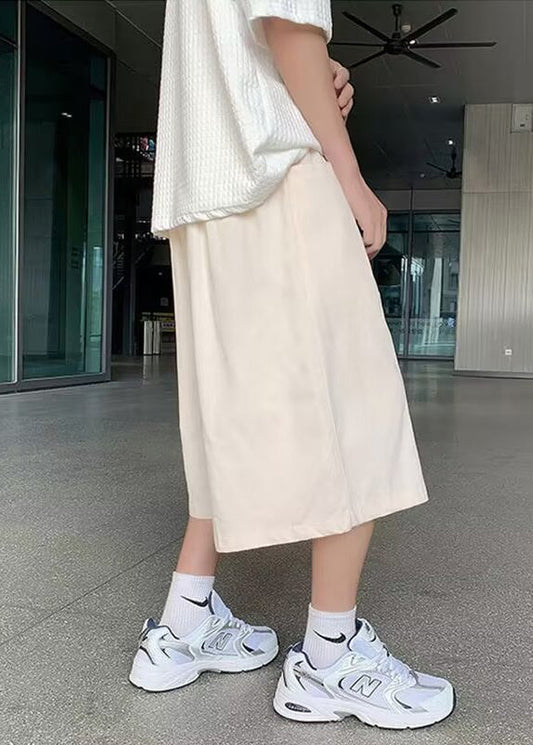 Brief Beige Elastic Waist Wide Leg Pants Summer Yt003