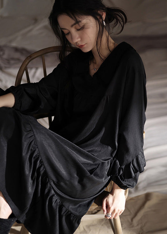 Brief Black Peter Pan Collar Patchwork Ice Silk Maxi Dress Spring Ly1899
