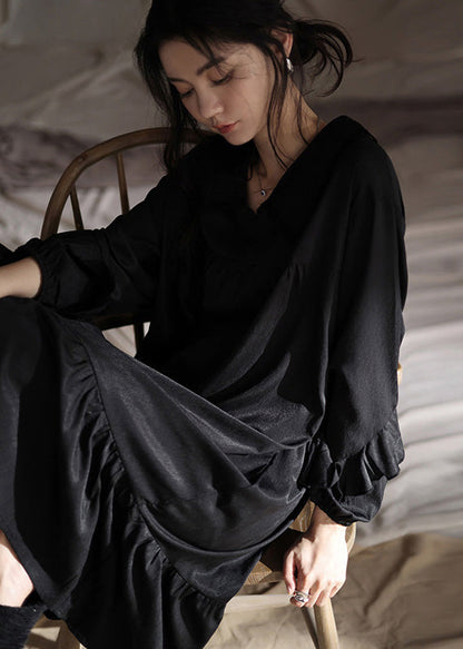 Brief Black Peter Pan Collar Patchwork Ice Silk Maxi Dress Spring Ly1899