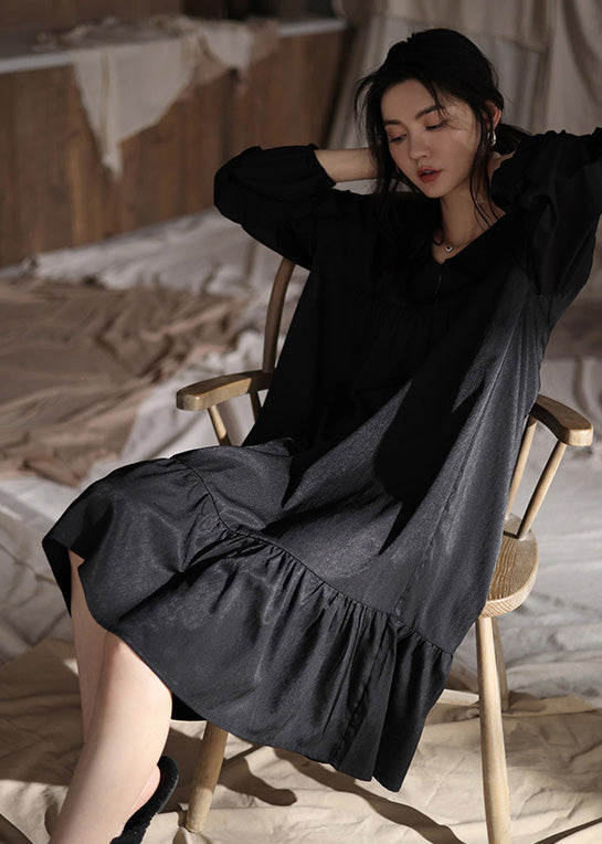 Brief Black Peter Pan Collar Patchwork Ice Silk Maxi Dress Spring Ly1899
