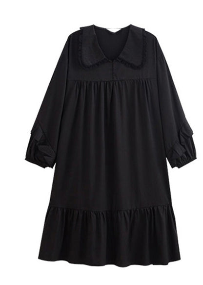 Brief Black Peter Pan Collar Patchwork Ice Silk Maxi Dress Spring Ly1899