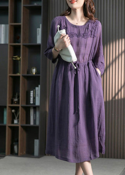 Brief Blue O-neck Lace Patchwork Tie Waist Linen Long Dresses Spring Ly1742