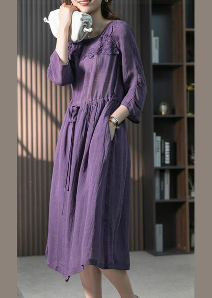 Brief Blue O-neck Lace Patchwork Tie Waist Linen Long Dresses Spring Ly1742