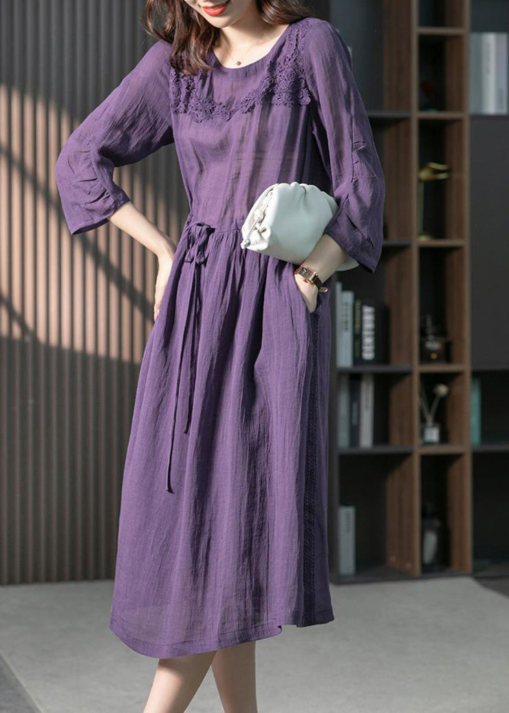 Brief Blue O-neck Lace Patchwork Tie Waist Linen Long Dresses Spring Ly1742