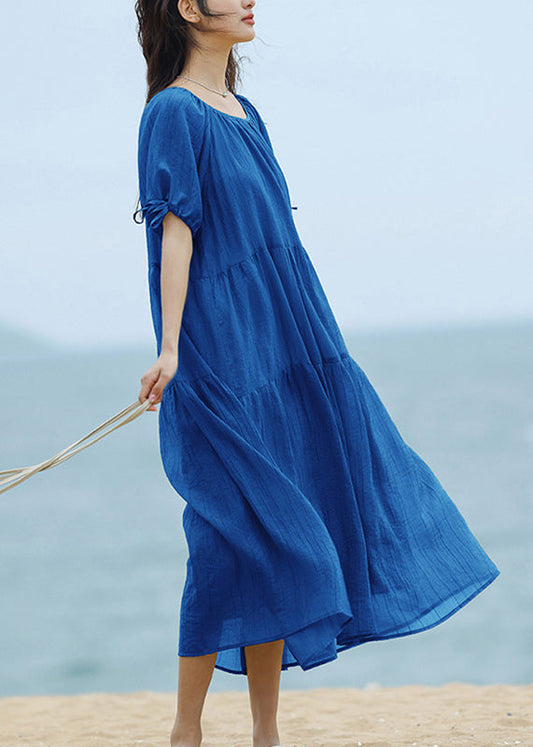 Brief Blue O-neck Patchwork Long Dresses Summer Ww024