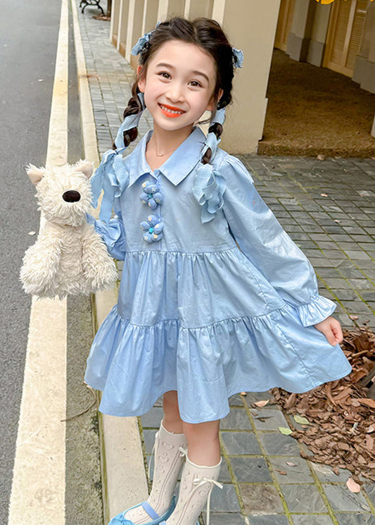 Brief Blue Peter Pan Collar Patchwork Button Maxi Dresses Long Sleeve Ye030