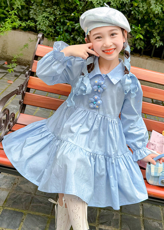 Brief Blue Peter Pan Collar Patchwork Button Maxi Dresses Long Sleeve Ye030