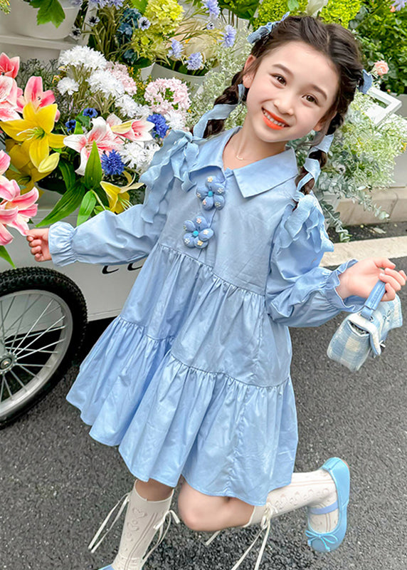 Brief Blue Peter Pan Collar Patchwork Button Maxi Dresses Long Sleeve Ye030