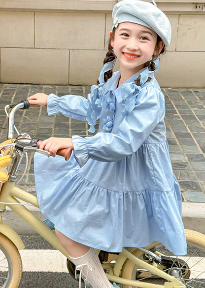 Brief Blue Peter Pan Collar Patchwork Button Maxi Dresses Long Sleeve Ye030