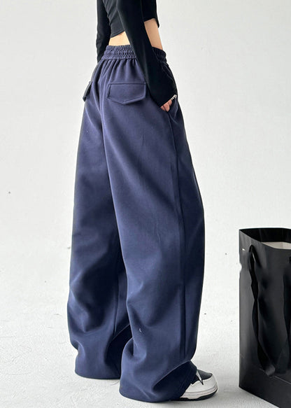 Brief Navy Patchwork Elastic Waist Wide Leg Pants Spring Ta042