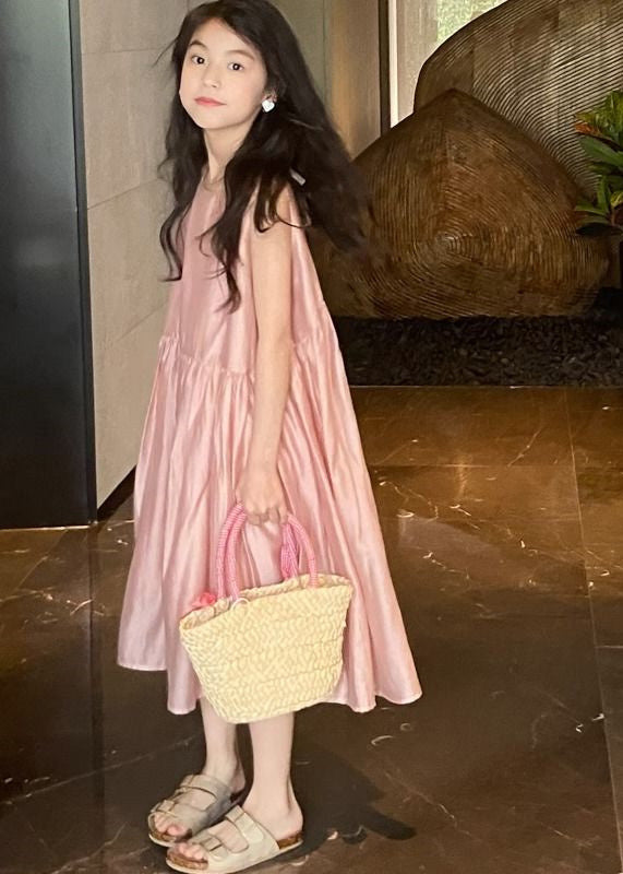 Brief Pink O-neck Patchwork Silk Kids Maxi Dresses Summer Gf009