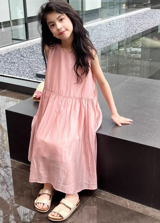 Brief Pink O-neck Patchwork Silk Kids Maxi Dresses Summer Gf009