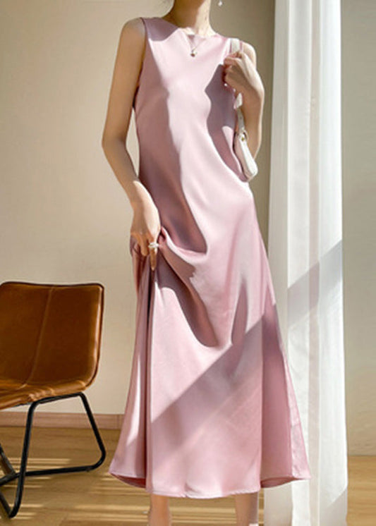 Brief Pink O-neck Silk Vacation Maxi Dresses Sleeveless Ly1734