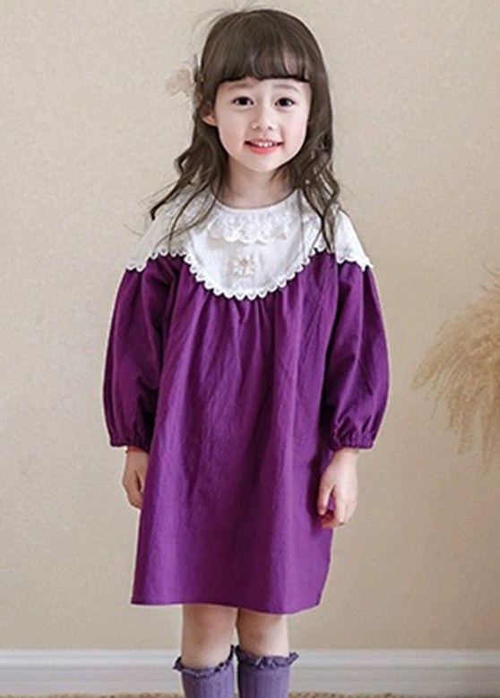 Brief Purple O-neck Kids Maxi Dress Spring Tg008
