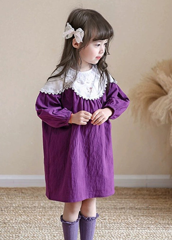 Brief Purple O-neck Kids Maxi Dress Spring Tg008