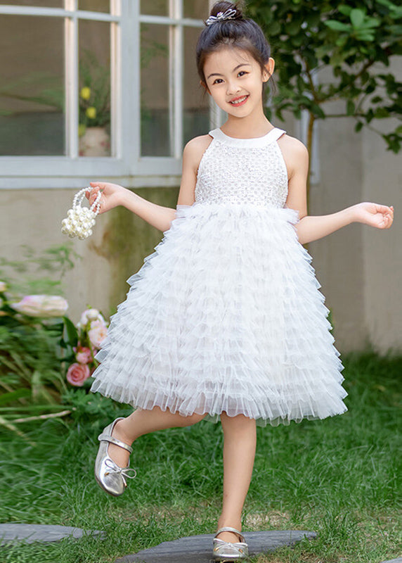 Brief White Bow Patchwork Tulle Kids Maxi Dress Summer Ew029