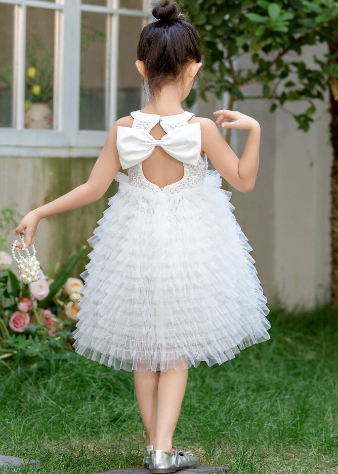 Brief White Bow Patchwork Tulle Kids Maxi Dress Summer Ew029