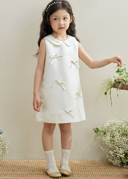 Brief White Peter Pan Collar Bow Kids Long Dresses Sleeveless Qv003
