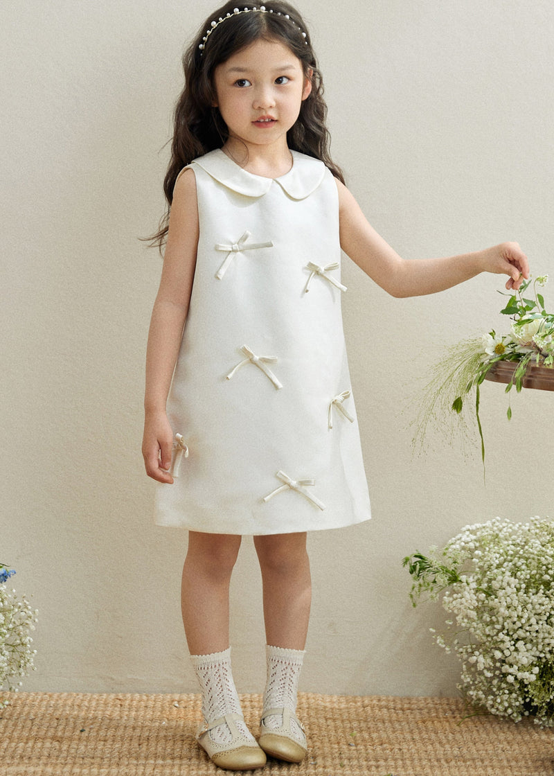 Brief White Peter Pan Collar Bow Kids Long Dresses Sleeveless Qv003