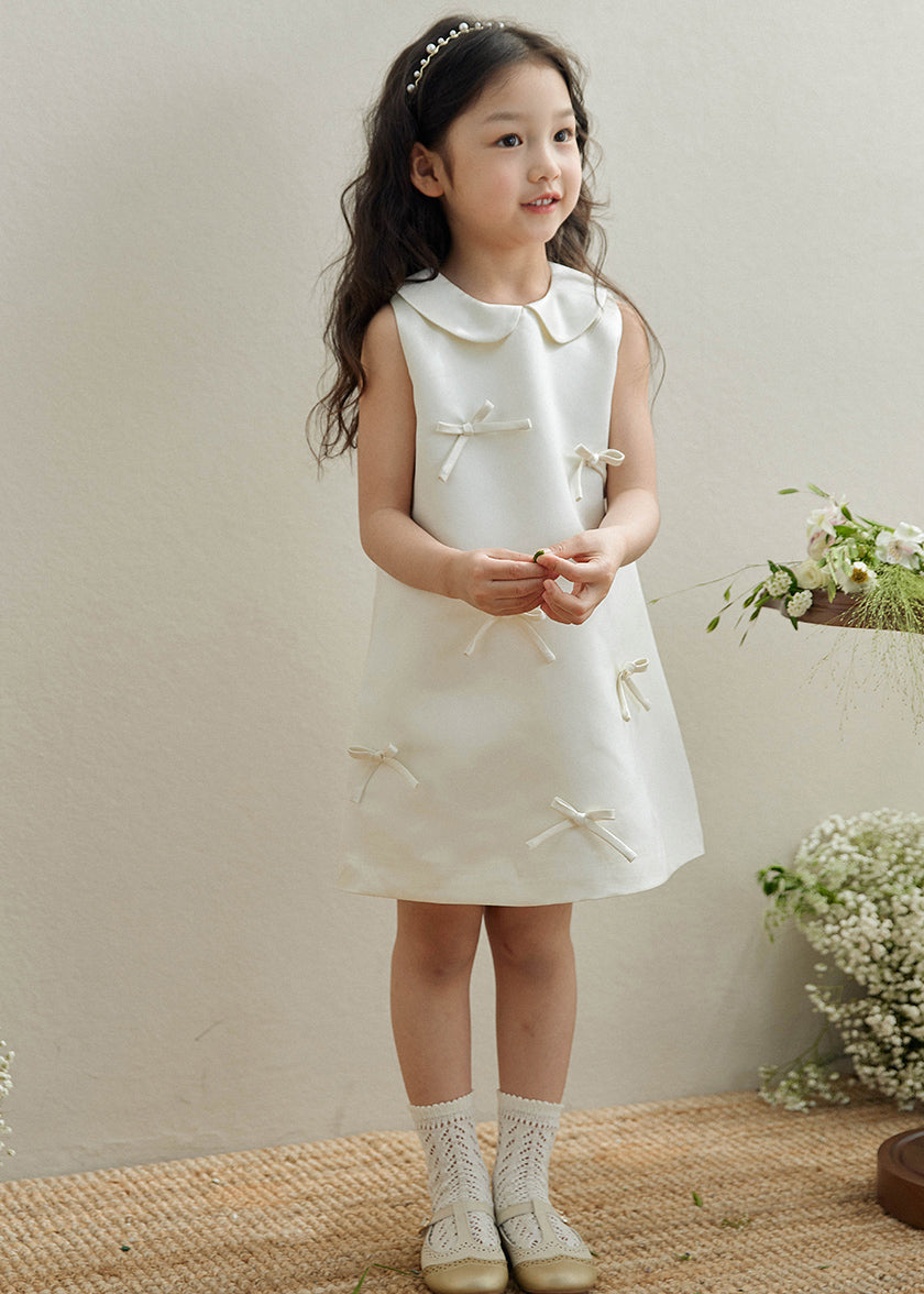 Brief White Peter Pan Collar Bow Kids Long Dresses Sleeveless Qv003