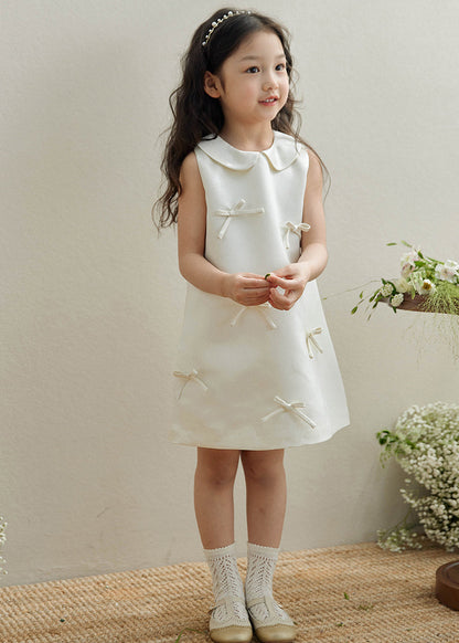 Brief White Peter Pan Collar Bow Kids Long Dresses Sleeveless Qv003