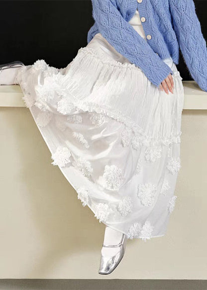 White Waist Maxi Brief Ruffled Elastic Patchwork Skirt