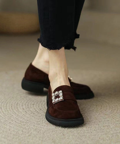 Brown Chunky Suede Zircon Splicing Loafer Shoes Te019