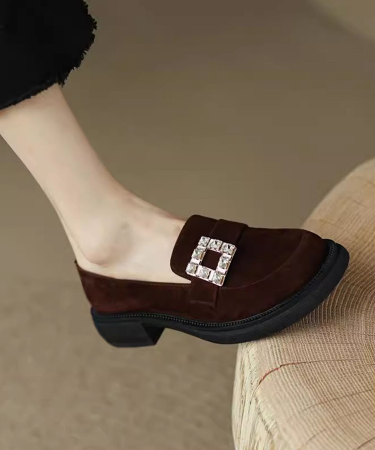 Brown Chunky Suede Zircon Splicing Loafer Shoes Te019