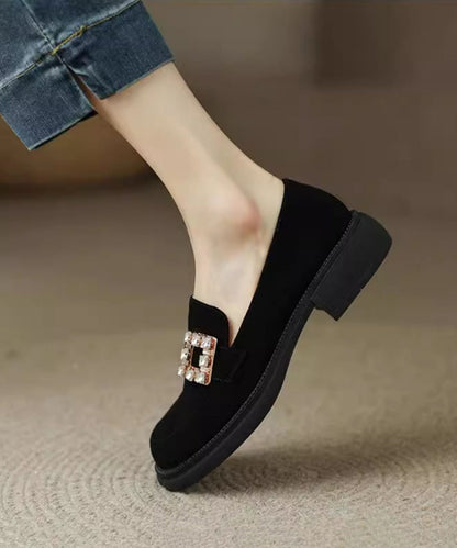 Brown Chunky Suede Zircon Splicing Loafer Shoes Te019