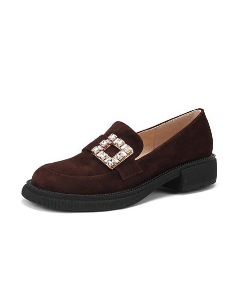 Brown Chunky Suede Zircon Splicing Loafer Shoes Te019