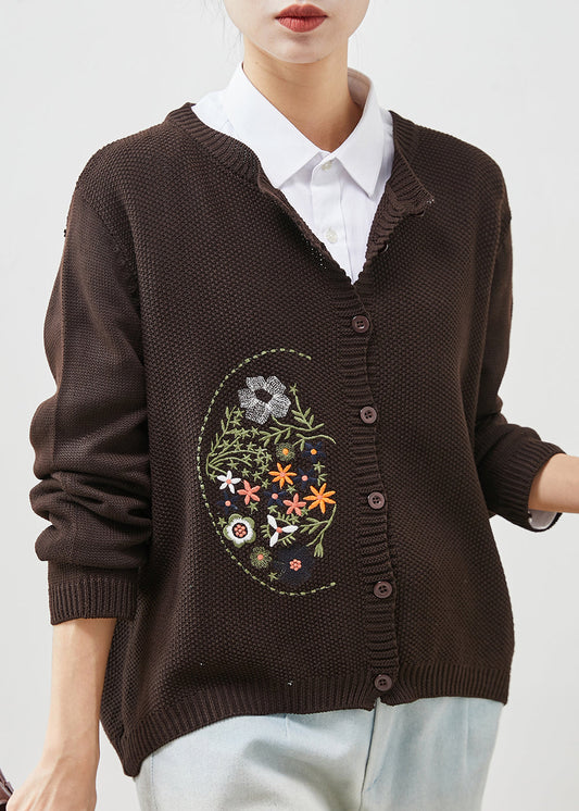 Brown Cozy Knit Cardigan Embroidered Spring Yu1044